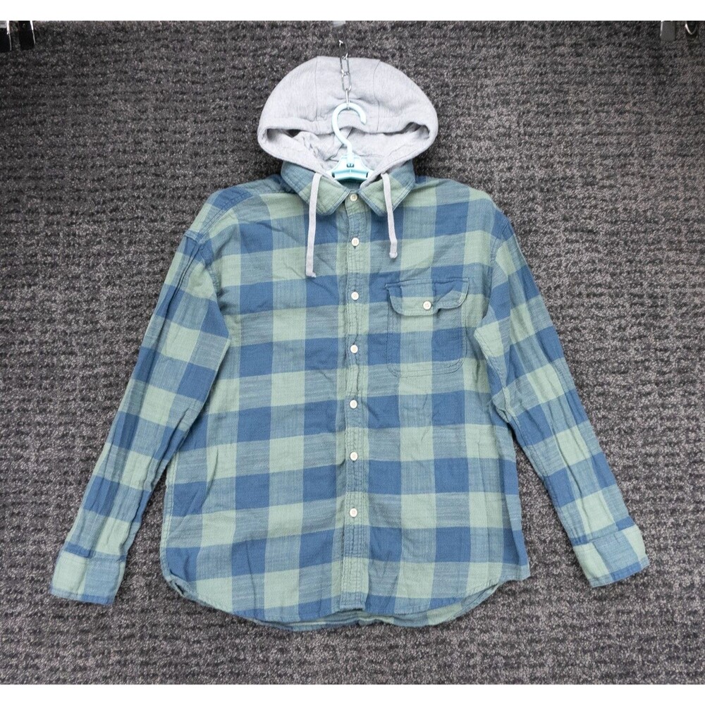 American Eagle Shirt Mens Large Blue Green Check Plaid Flannel Removable Hood
